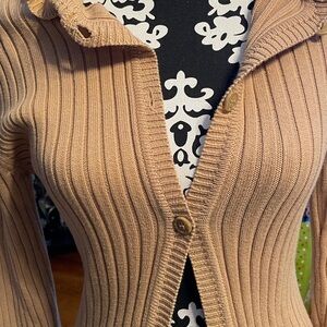 Long Y2K Tan Ribbed Hooded Cardigan Duster